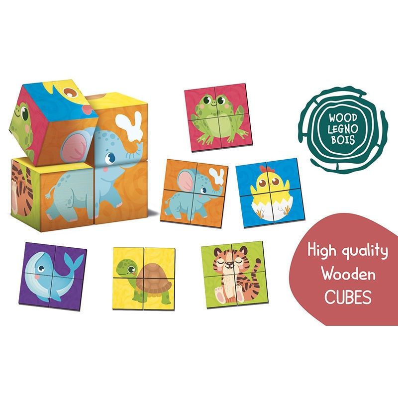Montessori Baby Wood Cubes & Puzzle 2 σε 1 - Ξύλινα Κυβάκια με Παζλ Χαρτονιού για Παρατηρητικότητα 98347