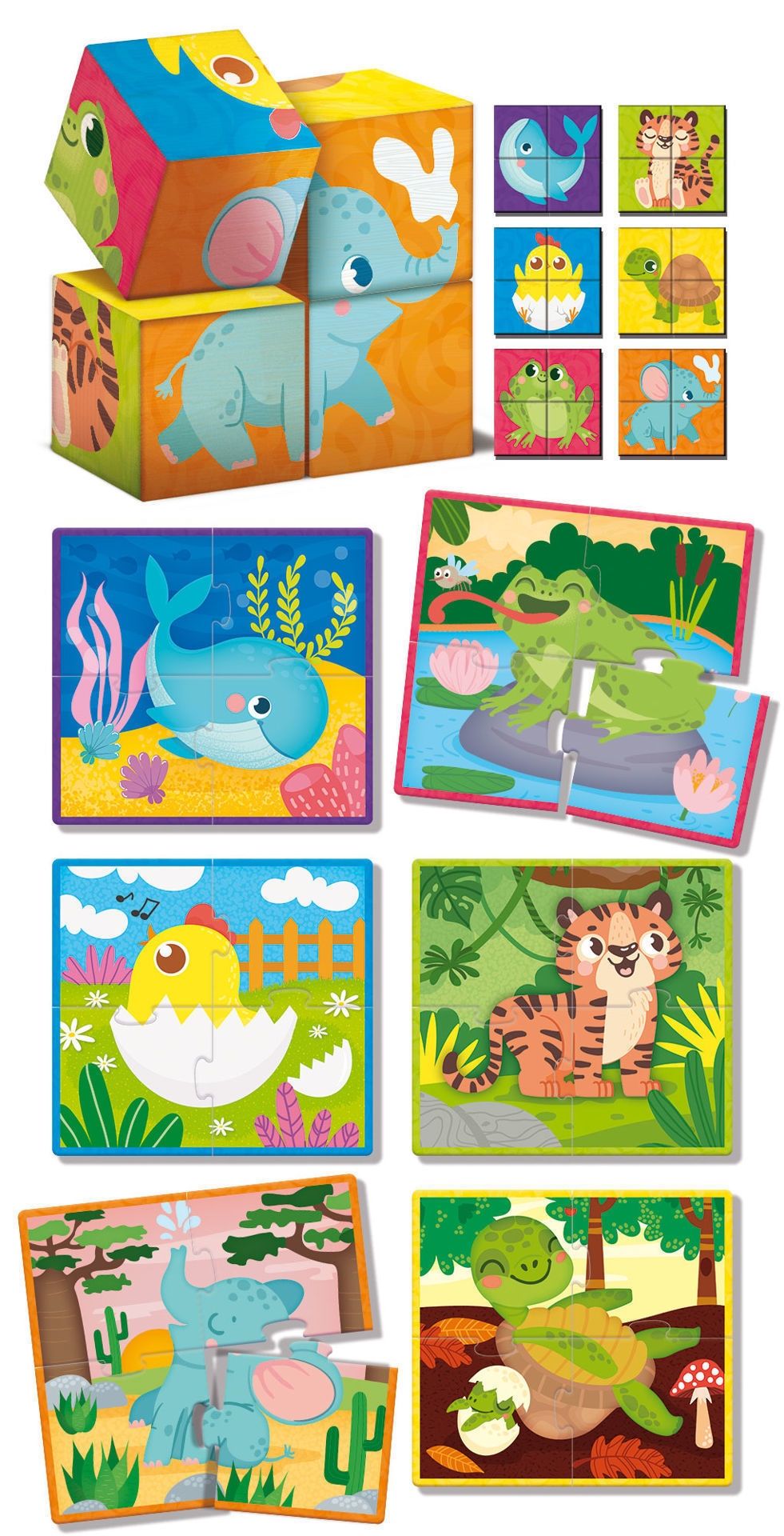 Montessori Baby Wood Cubes & Puzzle 2 σε 1 - Ξύλινα Κυβάκια με Παζλ Χαρτονιού για Παρατηρητικότητα 98347